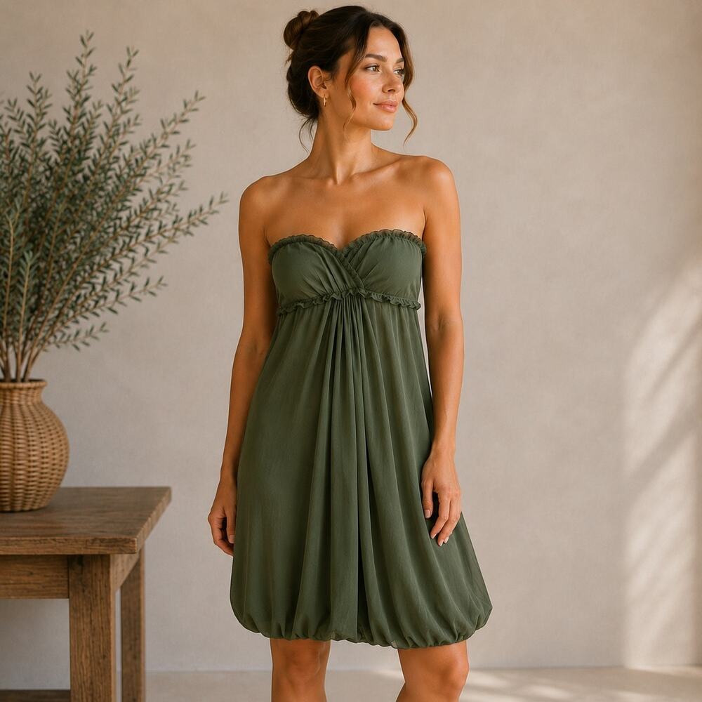 Vera Wang Olive Fairycore Strapless Bubble Hem Dress NWT 12